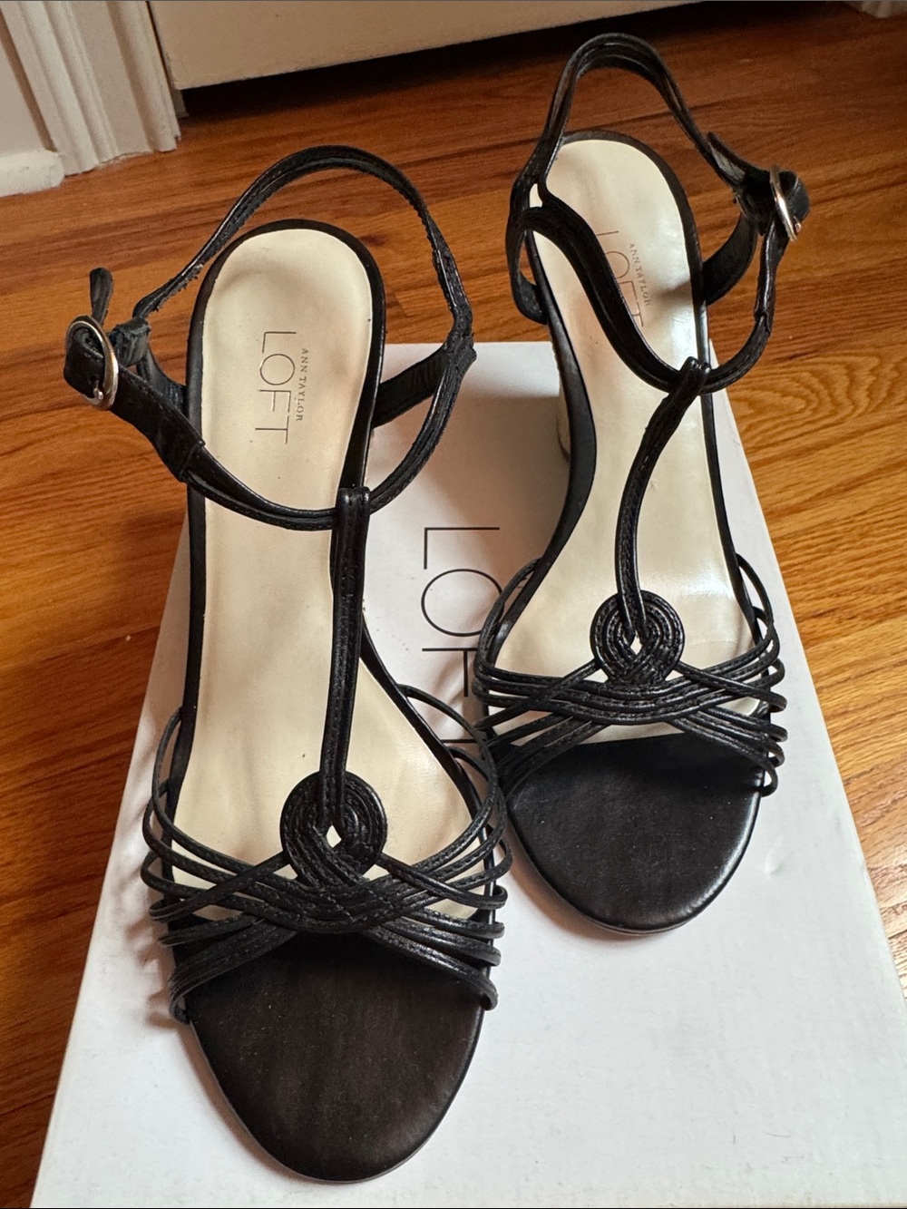 LOFT Black Braided T-Strap Heeled Sandals